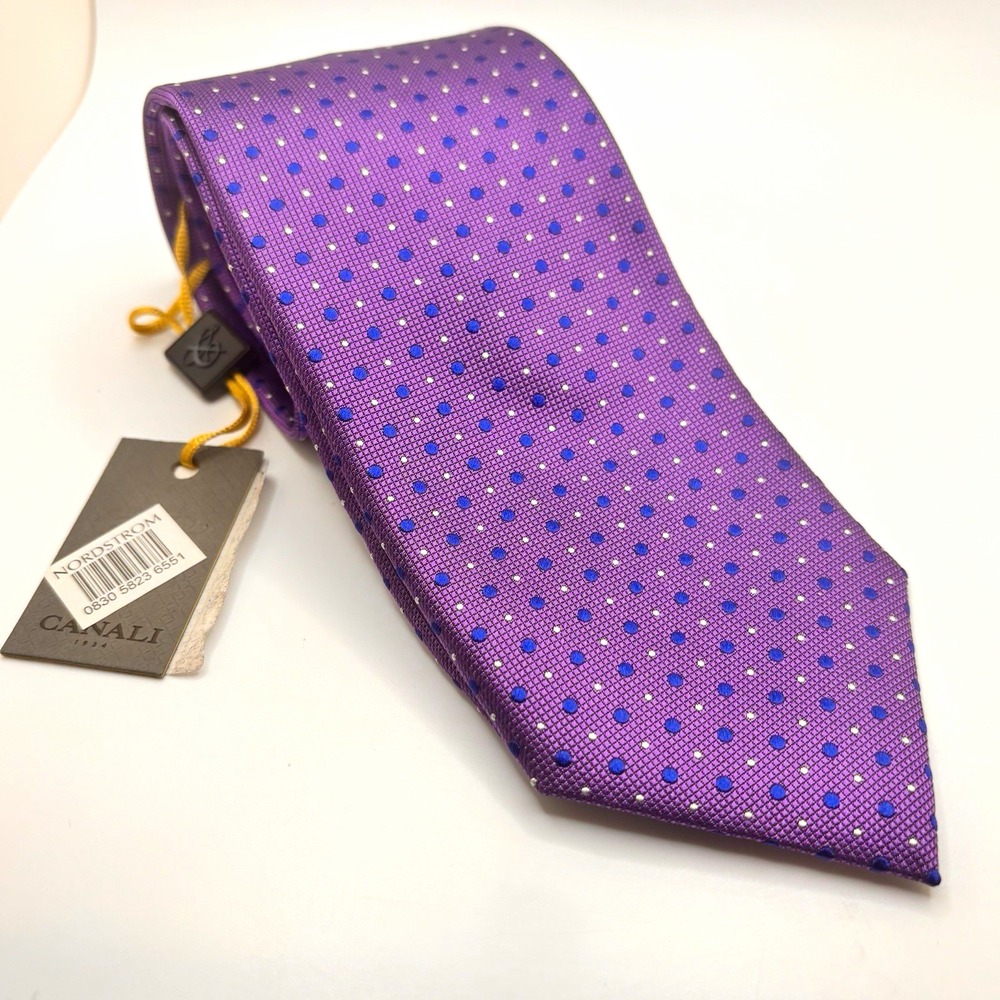 NWT Canali 1934 Silk Necktie Purple Dot Geometric Pattern Handcrafted Italy $160